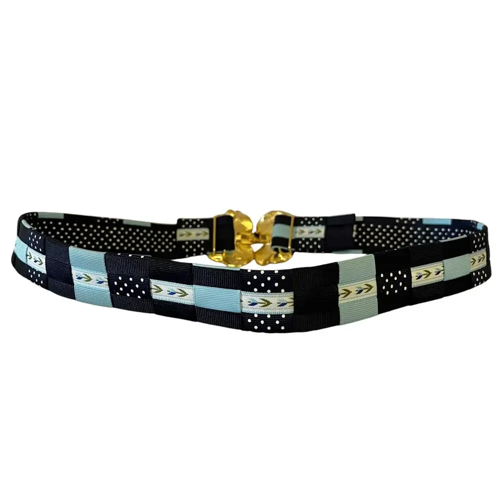 Mimi Di N Vintage Gold-Tone Leaf Buckle with Woven Blue Fabric Statement Belt